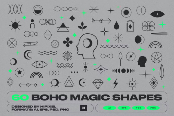 60款未来科技赛博朋克HUD元素酸性矢量图形设计素材 60 Boho Shapes