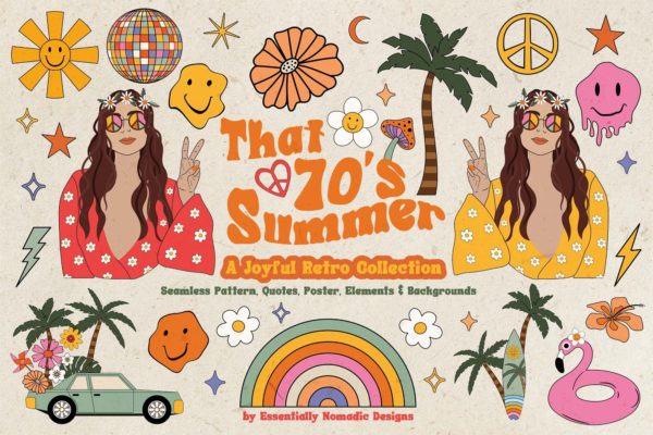70年代复古波西米亚风海滩元素植物花卉创意图形矢量设计素材 A Joyful Retro Graphic Collection