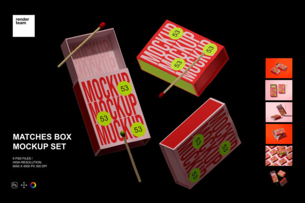 复古创意文创火柴盒抽屉纸盒产品包装设计展示贴图ps样机模板 Matches Box Mockup Set