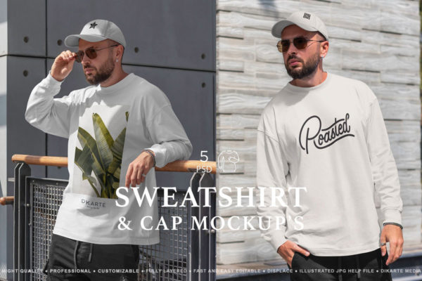 时尚男士棒球衫帽子印花图案设计展示贴图psd样机模板 Sweatshirt & Cap MockUps