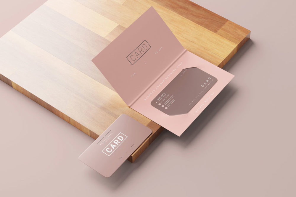 双折带卡套圆角礼品会员卡名片设计展示贴图psd样机模板素材 Business Card with Holder Mockups插图