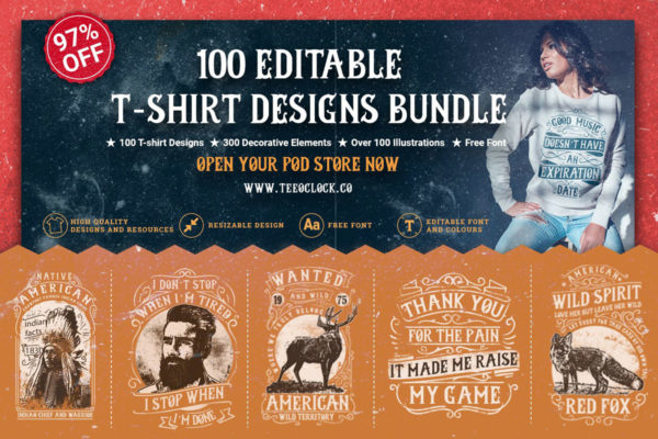 100款潮流复古欧美风T恤半袖衫印花图案设计ai矢量素材 100 Editable T-shirt Designs
