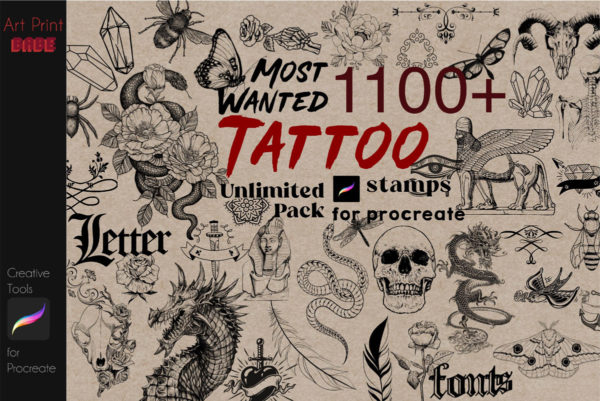 1100多款复古希腊埃及装饰图案昆虫雕像iPad Procreate笔刷设计素材 Unlimited Tattoo Full Pack Stamp Art