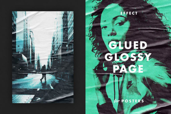 潮流复古褶皱半调照片图片处理特效psd样机模板素材 Glued Glossy Page Effect for Poster