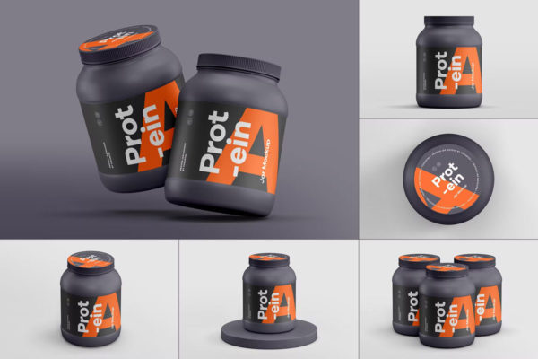 高级食品包装罐标签贴纸展示贴图样机模板素材 Protein Jar Mockup