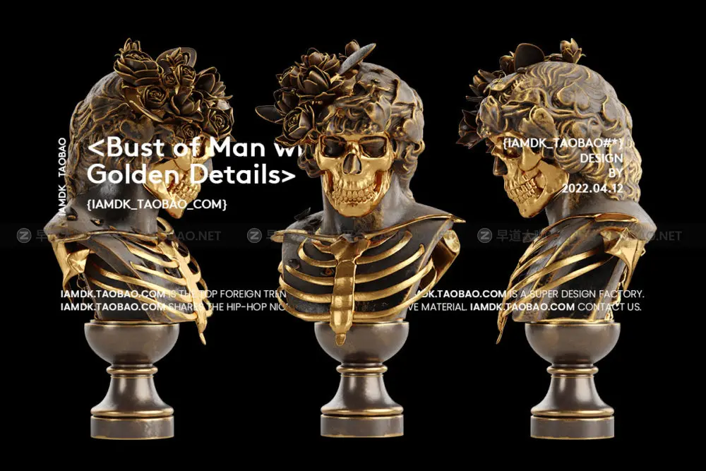 超酷蒸汽朋克青铜立体欧洲抽象男士人物头像雕塑png免扣图设计素材 PNG Bust of Man with Golden Details插图