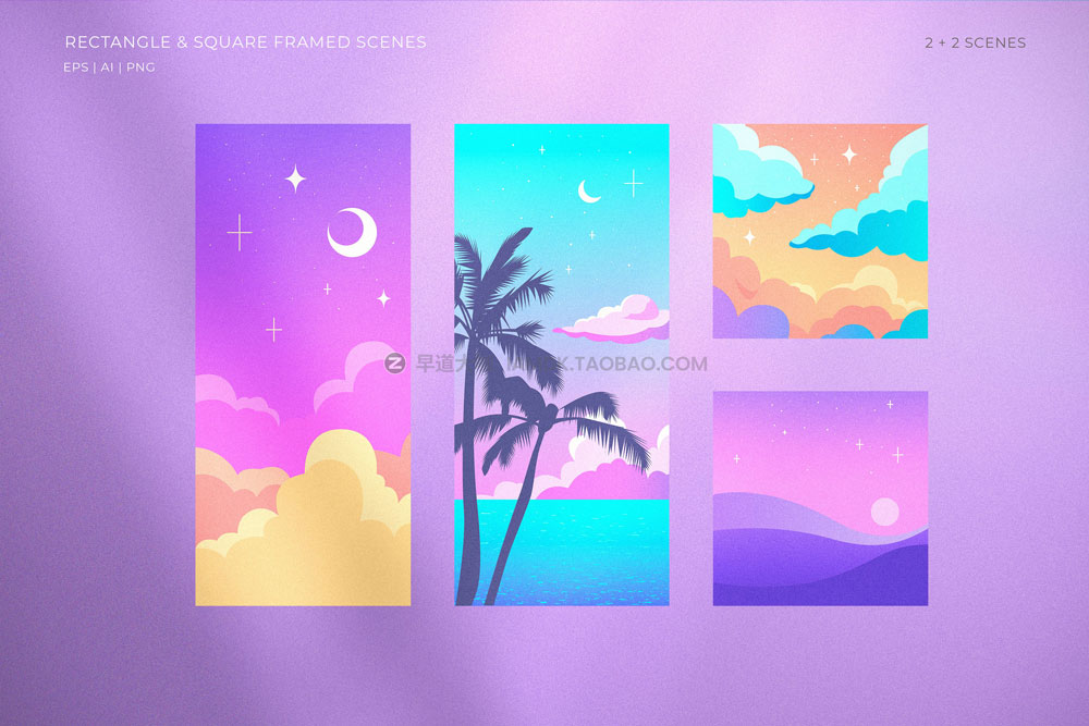 90年代复古炫彩颗粒霓虹ins风夏季度假艺术插图插画ai设计素材 Oh Summer! Neon sunset scene set插图8