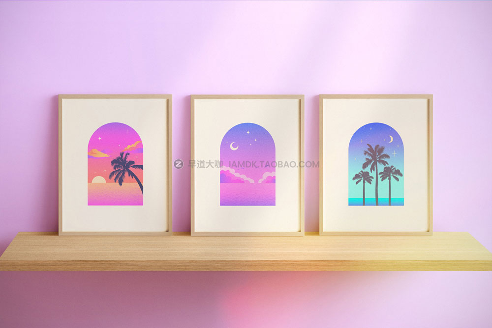 90年代复古炫彩颗粒霓虹ins风夏季度假艺术插图插画ai设计素材 Oh Summer! Neon sunset scene set插图9