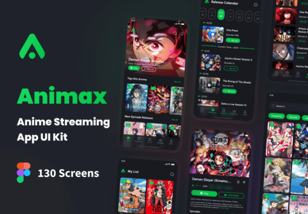 超酷屏动漫流媒体在线影视电影app界面设计明暗UI套件模板 Animax – Anime Streaming App UI Kit