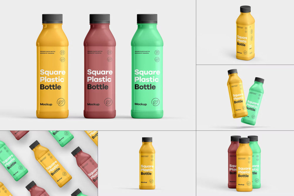 方形塑料瓶果汁饮料瓶子包装设计展示贴图ps样机模板 Square Plastic Bottle Mock-up插图