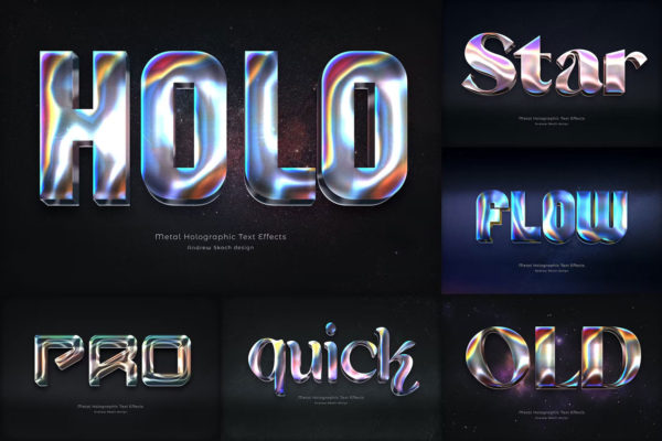 高级3D科幻未来立体金属全息渐变logo标题ps特效字样机生成模板 Metal Holographic Text Effects