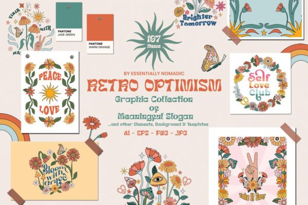 复古自然植物花卉插图手绘插画贴纸徽标logo海报背景AI设计素材源文件 Retro Optimism Graphic Collection
