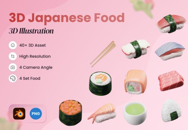 40款质感3d立体日本食物寿司app界面演示文稿设计图标icons设计素材 3D Japanese Food Illustration