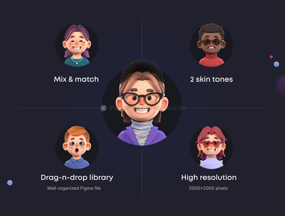 可爱卡通独特创意3d立体男女头像fig&png免抠图ui图标设计素材包 PEEPS 3D Avatar-Maker Library插图3