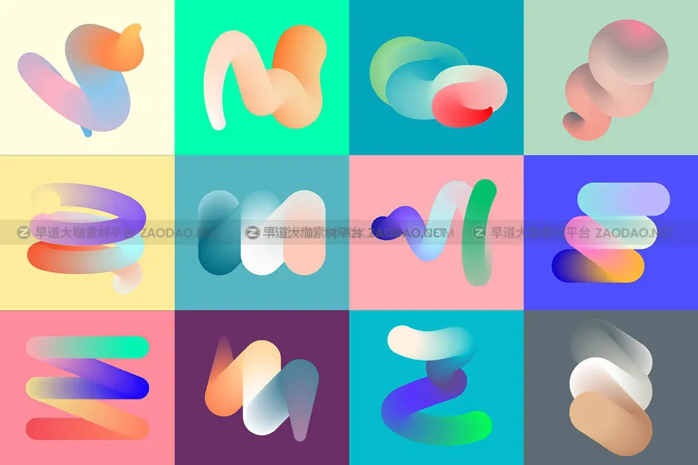 70款潮流怪诞渐变扭曲3D立体图形抽象艺术海报背景底纹ai设计素材 Gradient Blend Noise Vol. 2插图1