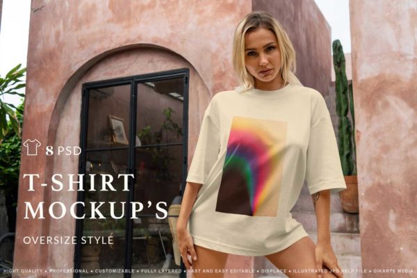 8款时尚宽大女性半袖T恤衫印花图案设计展示贴图psd样机模板 T-Shirt Mockups Oversize Style