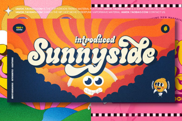 70年代复古y2k风卡通圆形趣味服装品牌标志logo设计英文字体包 Fd Sunnyside Font Family