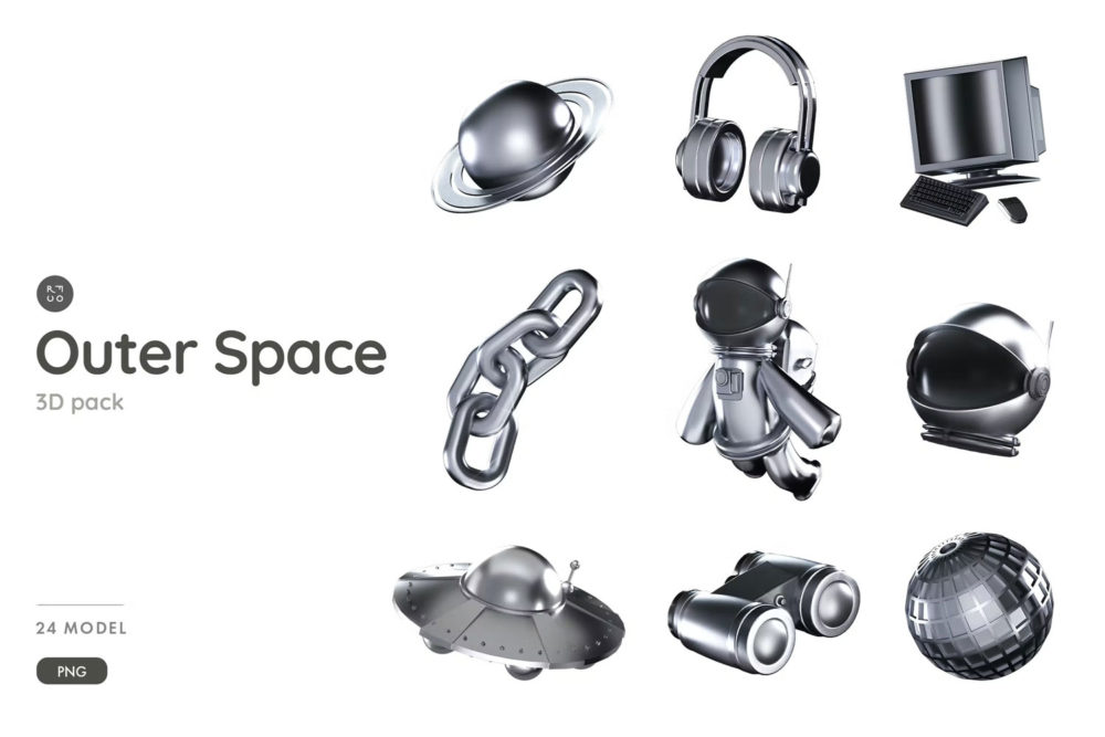 24金属银色3d立体宇宙星球太空主题图标icons设计素材 Silver Outer Space and Galaxy 3D Pack插图