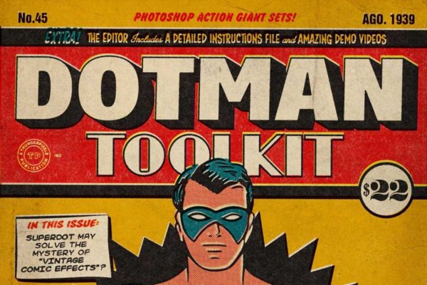 复古做旧半调漫画艺术效果照片处理特效ps动作设计素材套装 DotMan ToolKit Vintage Comic Effects