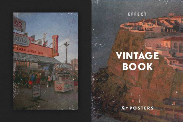 复古做旧怀旧划痕老照片效果图片处理特效ps样机滤镜模板 Vintage Book Effect for Posters