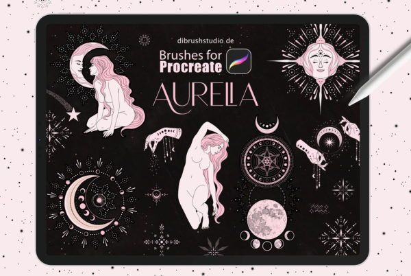 145个神奇巫术星球天体月亮女孩手臂纹身图案iPad Procreate笔刷艺术绘画设计素材 Procreate – Aurelia