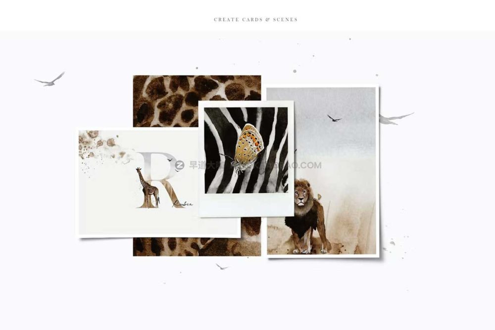 非洲野生动物花卉字母手绘水彩插画png免抠图设计素材 African Safari Watercolor Collection插图7