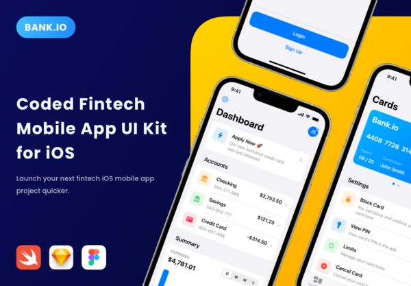 适用于iOS 16金融科技APP移动应用程序界面设计UI套件 Bank.io – Fintech UI Kit for iOS 16