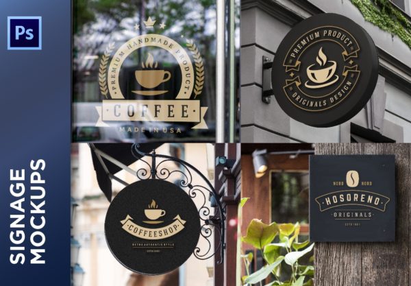 6款逼真咖啡店面包店标牌徽标logo设计展示贴图psd样机模板 Cafe and Coffee Shop Logo Mockups