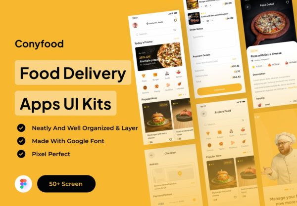 50+屏优质食品外卖配送应用程序app界面设计ui套件素材 Conyfood – Food Delivery Apps UI Kits