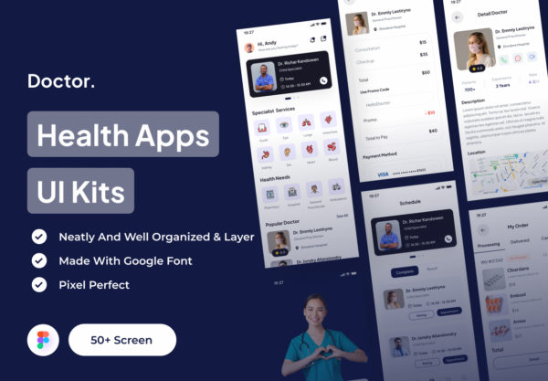 50+屏优质健康医疗在线挂号医生就诊医院app应用程序界面设计ui套件 Doctor- Health Apps UI Kits
