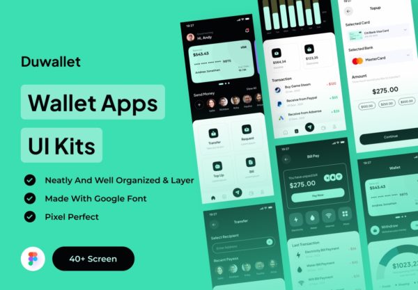 40多个屏高级金融钱包理财app应用程序界面设计ui套件 Duwallet – Wallet Apps UI Kits