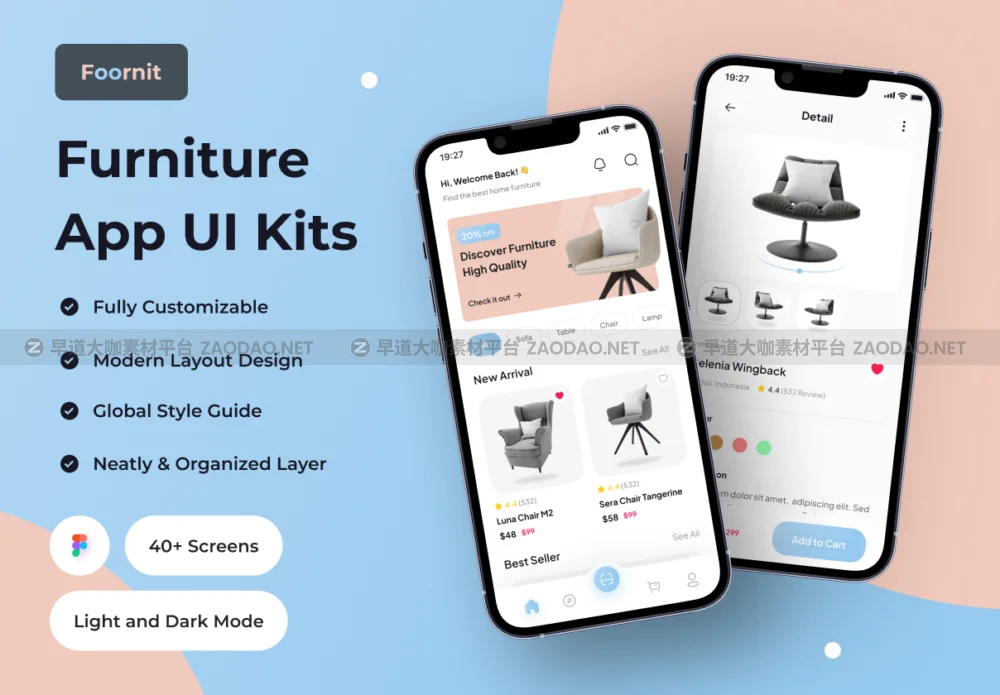 40多屏时尚室内装饰家具销售在线商城app界面设计ui套件 Foornit – Furniture App UI Kit插图