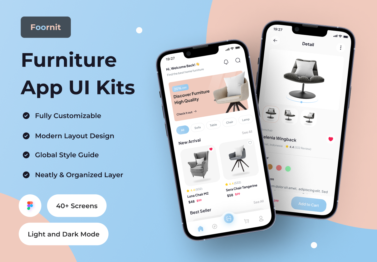 40多屏时尚室内装饰家具销售在线商城app界面设计ui套件 Foornit Furniture App UI Kit