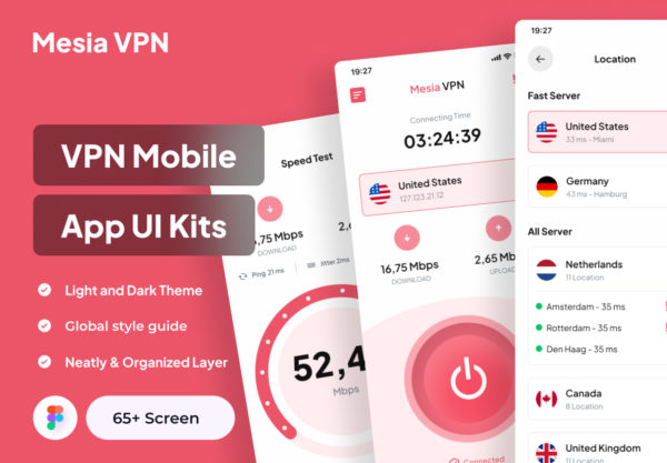 65多屏现代简洁移动手机网络代理app界面设计ui套件模板 Mesia VPN – VPN Mobile App UI Kits
