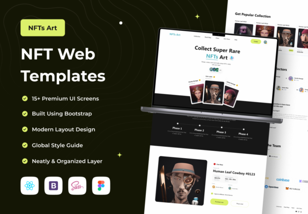 现代高级nft虚拟物品在线交易平台web界面设计ui套件 NFTs Art – NFT Web Templates