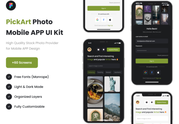 60多屏险的苹果手机iPhone照片管理app应用程序界面设计ui套件 PickArt – Photo Stock for mobile App