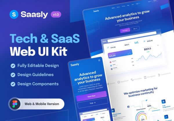 60多屏SaaS数字信息科技网站app界面设计ui套件figma模板素材 SaaSly – Tech & SaaS UI Kit