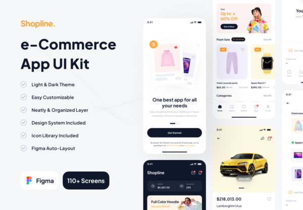 110多个屏在线购物商城app界面设计ui套件素材 Shopline – e-Commerce Marketplace App UI Kit