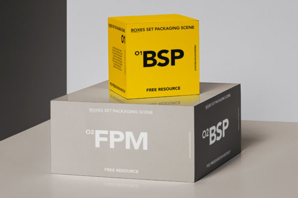 简约方形产品包装纸盒外观设计展示贴图psd样机模板 Boxes Set Psd Packaging Scene Mockup
