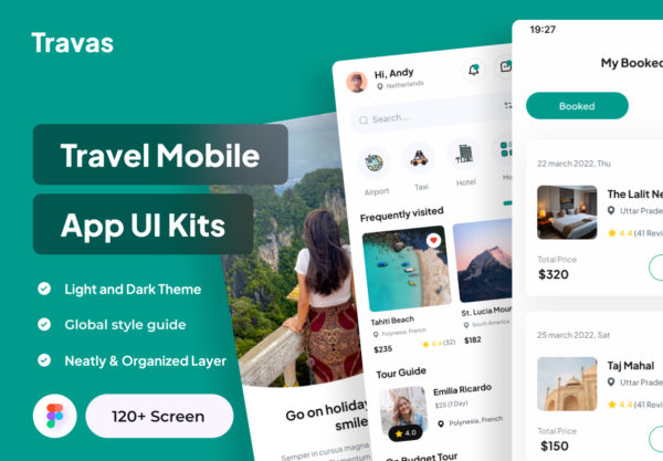 120屏旅行房屋机票票务预定app应用程序界面设计ui套件 Travas – Travel Mobile App UI Kits