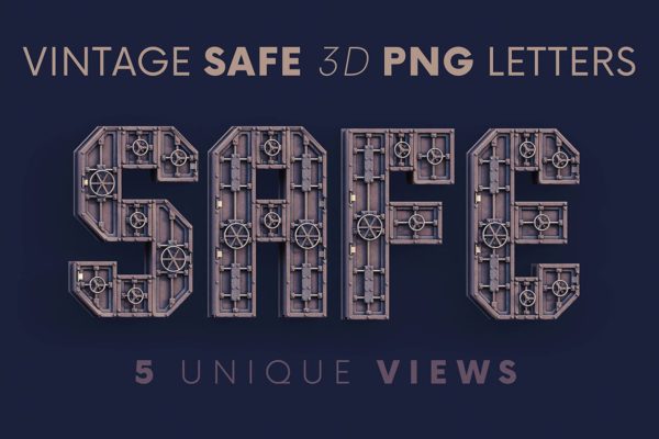 创意逼真3d金属复古朋克机械英文字母数字png免抠图设计素材 Vintage Safe – 3D Lettering