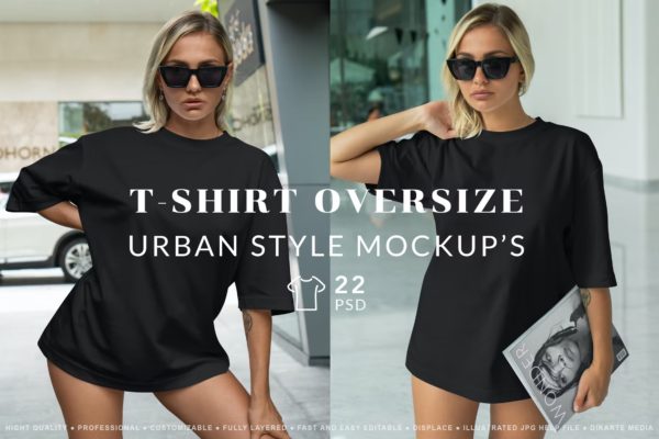 17款都市风女款网红大码短袖T恤服装设计展示贴图ps样机模板素材 T-Shirt Mockups Oversize Style Urban