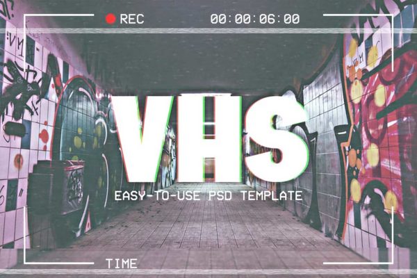 潮流VHS信号故障摄像镜头失真毛刺效果照片处理ps样机滤镜模板 VHS Template