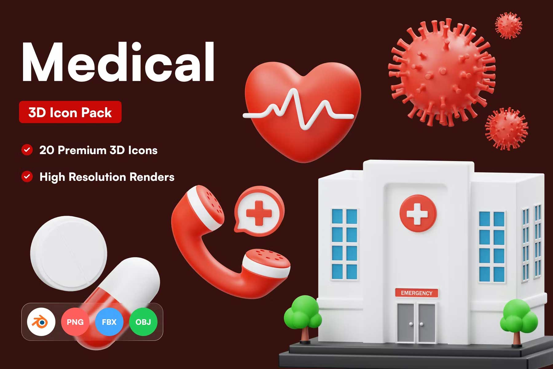 20款高级医疗医院健康ui界面设计3d三维立体图标icons设计素材 Medical 3D Icon