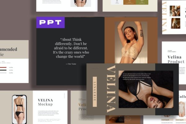 时尚创意女性内衣时装品牌营销演示文稿图文排版设计keynote+ppt模板 Velina Lingerie Powerpoint
