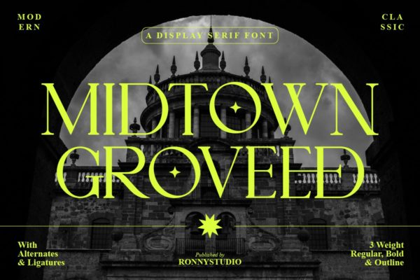 现代优雅奢华杂志海报排版品牌logo设计衬线英文字体包 Midtown Groveed – A Display Serif