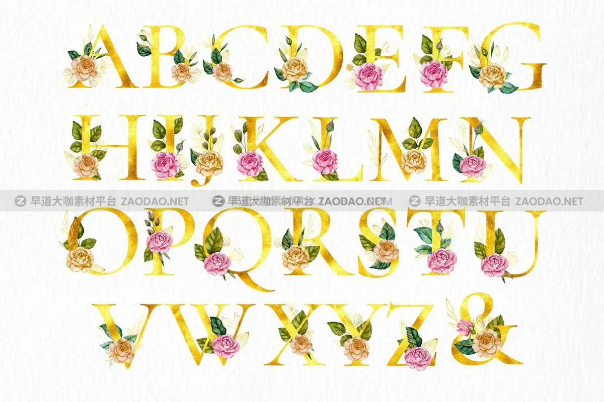 146款华丽手绘玫瑰花卉花束水彩画金色字母数字PNG免抠图设计素材 Watercolor Flowers & Golden Alphabet插图2