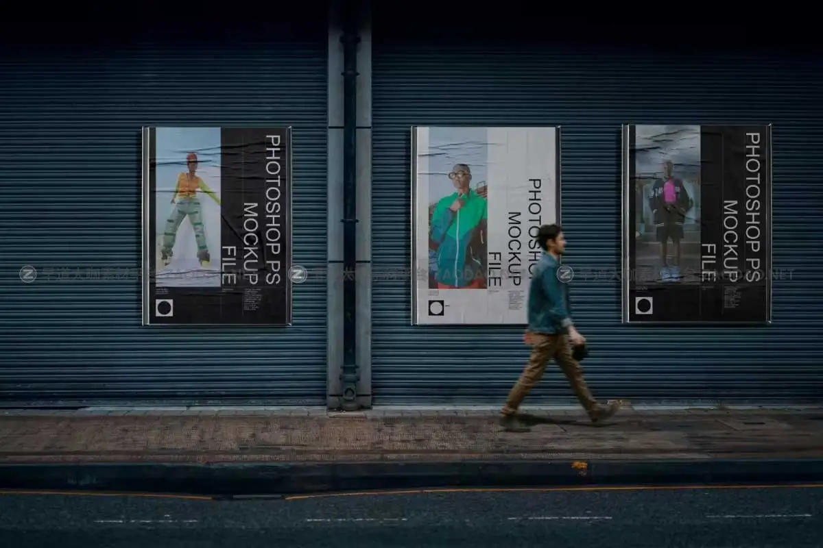 复古褶皱城市街头墙贴海报广告牌设计展示贴图PSD样机模板 Street Posters Mockup Set插图4