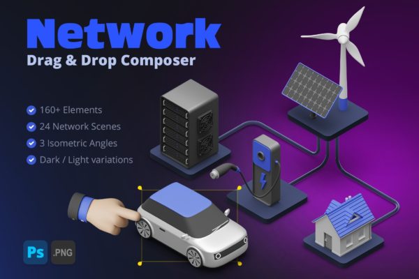 168个等距互联网科技数据云存储工厂服务3d插图插画图标icons设计素材 Network – 3D Scene Composer