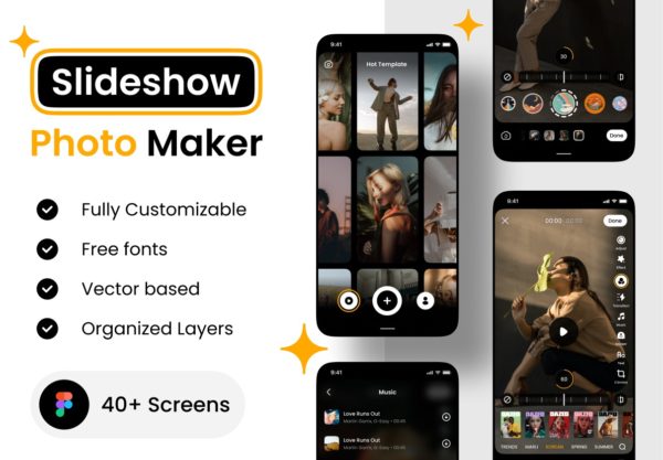 40多屏照片幻灯片制作app应用程序界面设计UI套件素材包 Photo Slideshow Maker app UI Kit
